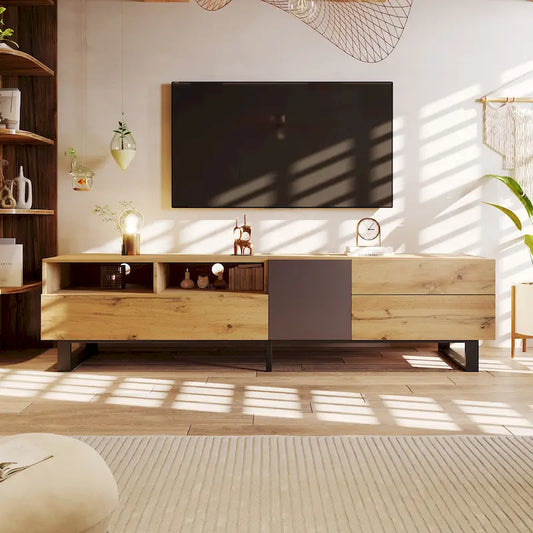 Wood+Grey 70.9 TV Stand with Storage and Drop Down Door for TVs Up to 80