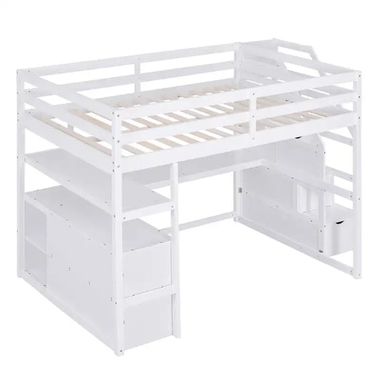 Full Size Loft Bed w/Desk,Shelves,Built-inDrawers,Storage Staircase