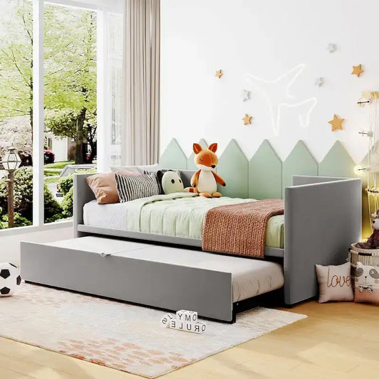 Grey Upholstered Twin Size Daybed with Pop Up Trundle, Multi-Functional Design