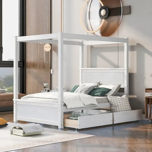 Full Size Wood Canopy Bed with two Drawers