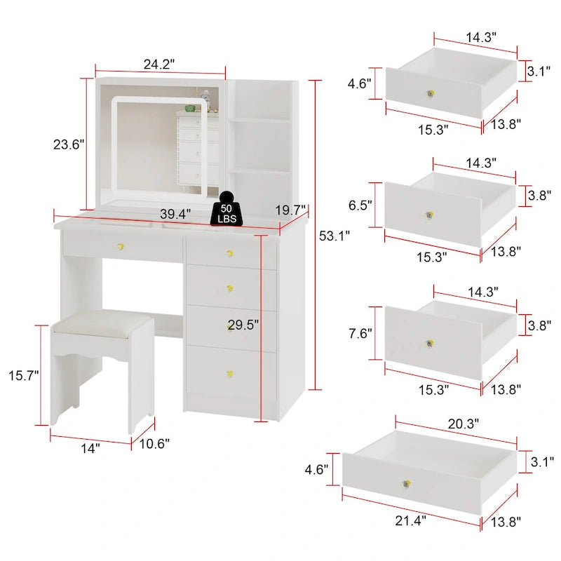 Vanity Desk Makeup Table Sliding Lighted Dressing Table Glass Top