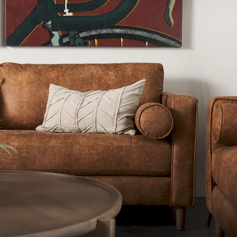 Loretta Cognac Brown Faux Leather Three Seater Sofa w/ Bolster Cushions - 87.9W x 36.2D x 33.8H