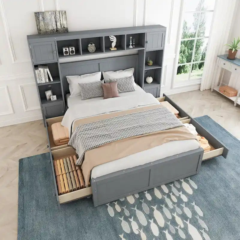Full Size Wood Bed with All-in-One Cabinet and Shelf