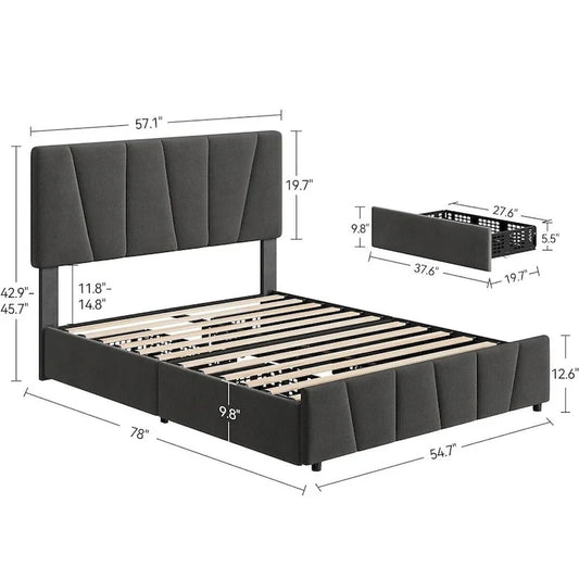 Upholstered Platform Bed Frame with Headboard and 4 Storage Drawers