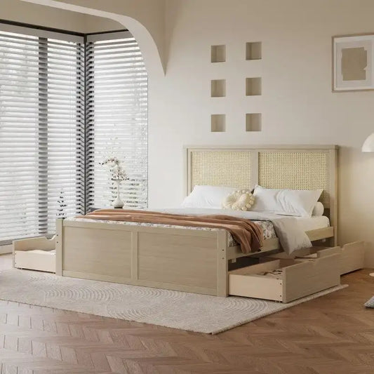 Wood Full Size Storage Platform Bed with 4 Drawers, Rattan Headboard