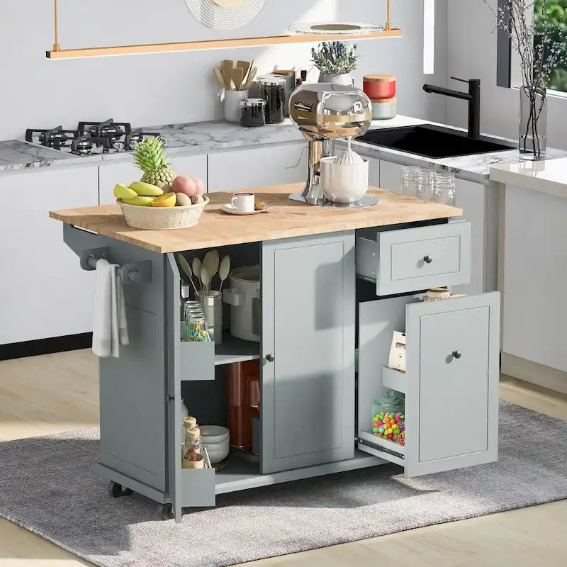 Kitchen Island on Wheels with Drop Leaf and 3 Tier Pull Out Organizer