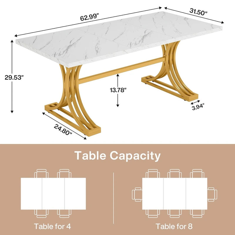 63 Modern Dining Table with Faux Marble Tabletop Golden Frame for Kitchen Dining Room