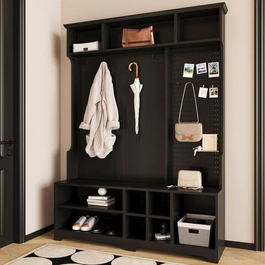 77.17H Hall Tree with Shoe Bench,Coat Rack,Shoe Storage,Shelves and Pegboard