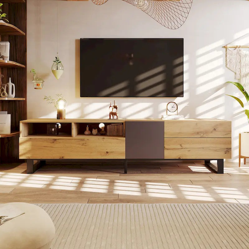 Wood+Grey 70.9 TV Stand with Storage and Drop Down Door for TVs Up to 80