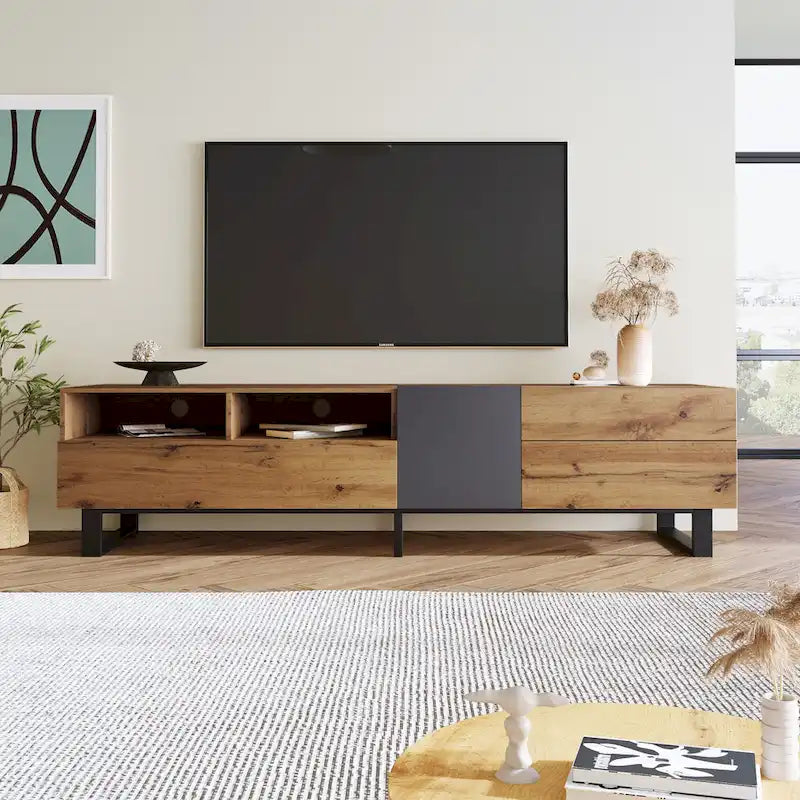 Wood+Grey 70.9 TV Stand with Storage and Drop Down Door for TVs Up to 80