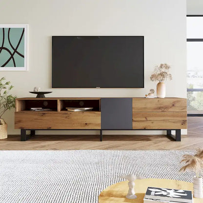 Wood+Grey 70.9 TV Stand with Storage and Drop Down Door for TVs Up to 80