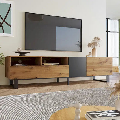Wood+Grey 70.9 TV Stand with Storage and Drop Down Door for TVs Up to 80