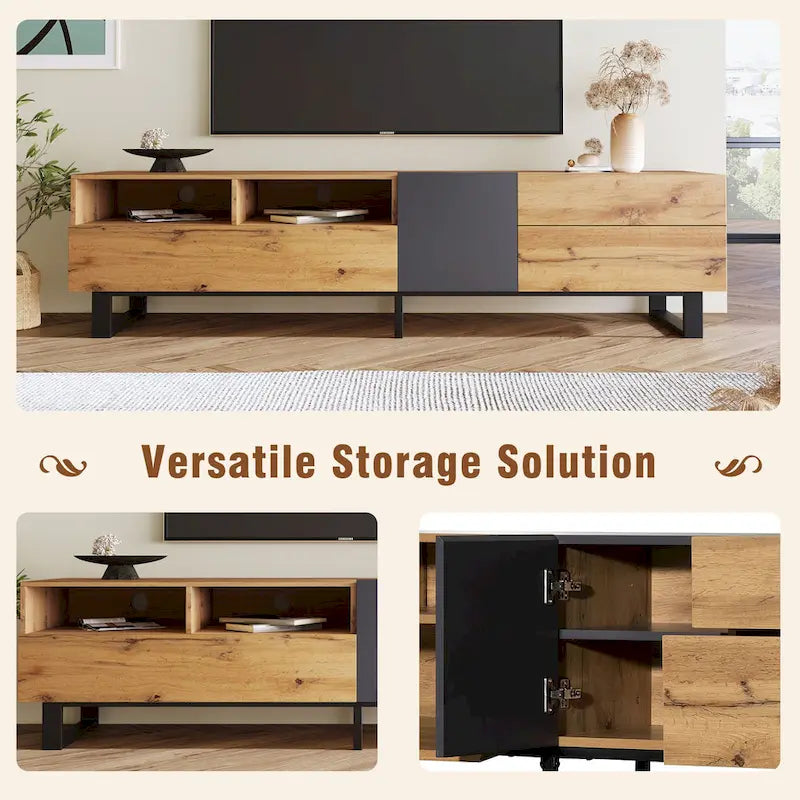 Wood+Grey 70.9 TV Stand with Storage and Drop Down Door for TVs Up to 80