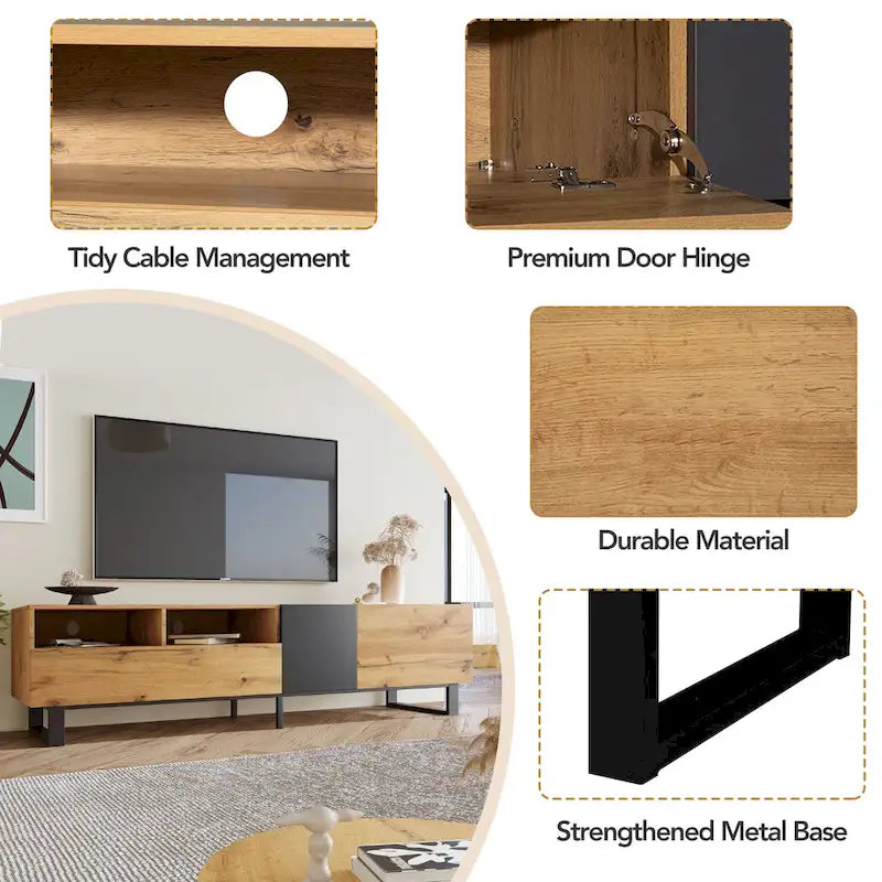 Wood+Grey 70.9 TV Stand with Storage and Drop Down Door for TVs Up to 80