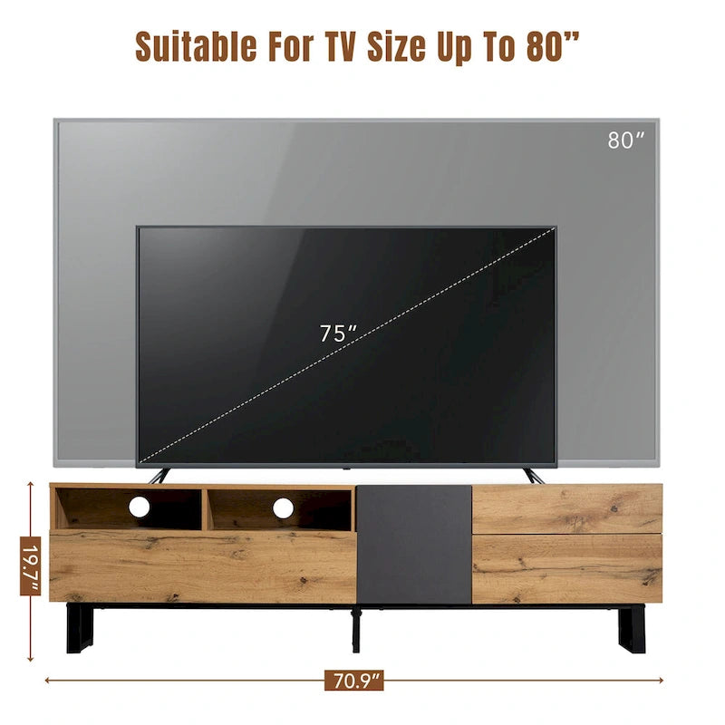 Wood+Grey 70.9 TV Stand with Storage and Drop Down Door for TVs Up to 80