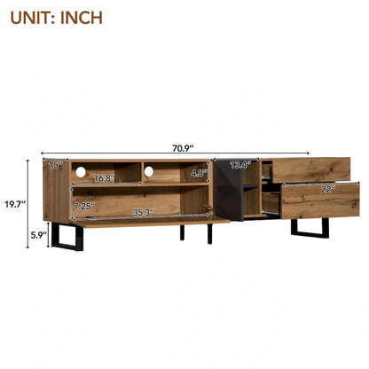 Wood+Grey 70.9 TV Stand with Storage and Drop Down Door for TVs Up to 80