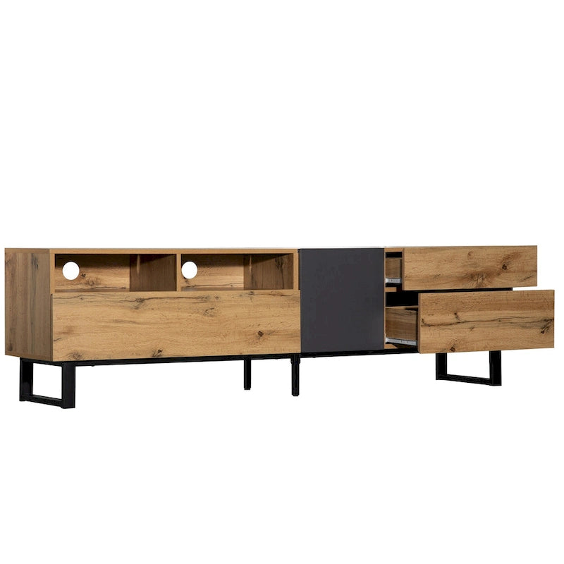 Wood+Grey 70.9 TV Stand with Storage and Drop Down Door for TVs Up to 80