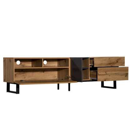 Wood+Grey 70.9 TV Stand with Storage and Drop Down Door for TVs Up to 80