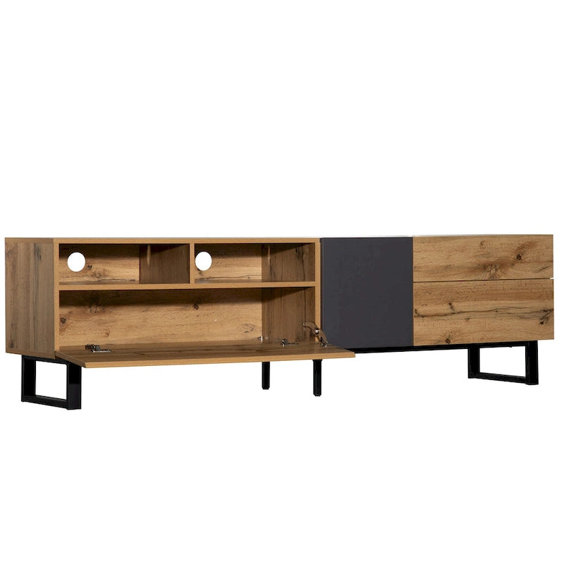 Wood+Grey 70.9 TV Stand with Storage and Drop Down Door for TVs Up to 80