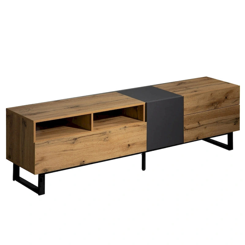 Wood+Grey 70.9 TV Stand with Storage and Drop Down Door for TVs Up to 80