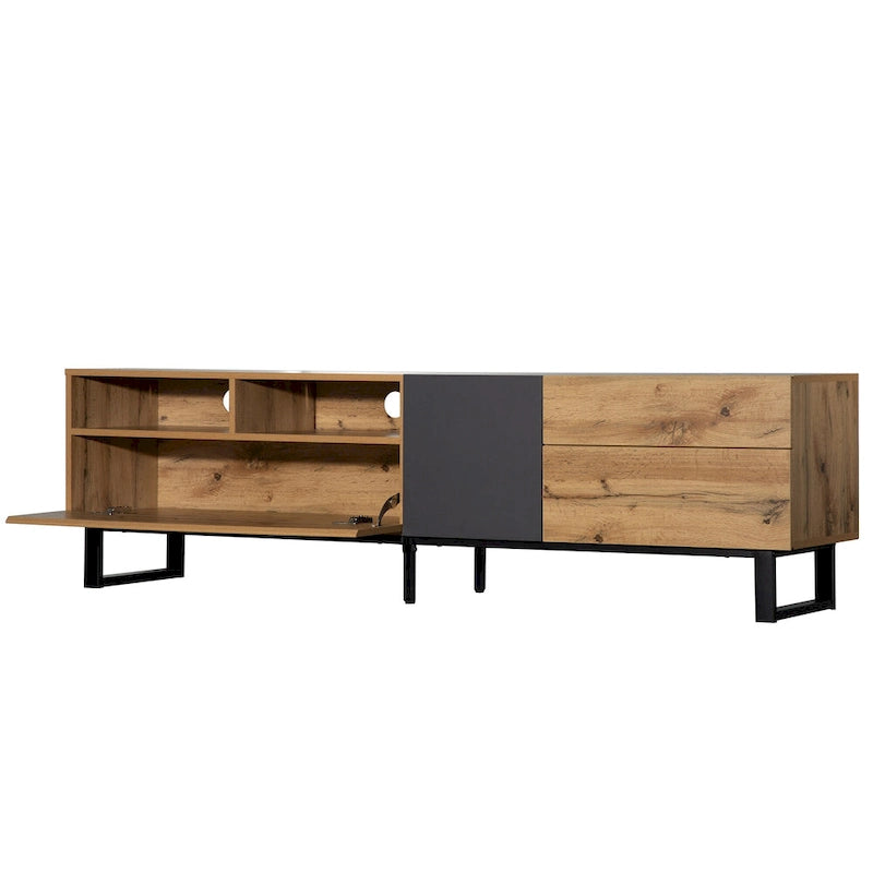 Wood+Grey 70.9 TV Stand with Storage and Drop Down Door for TVs Up to 80