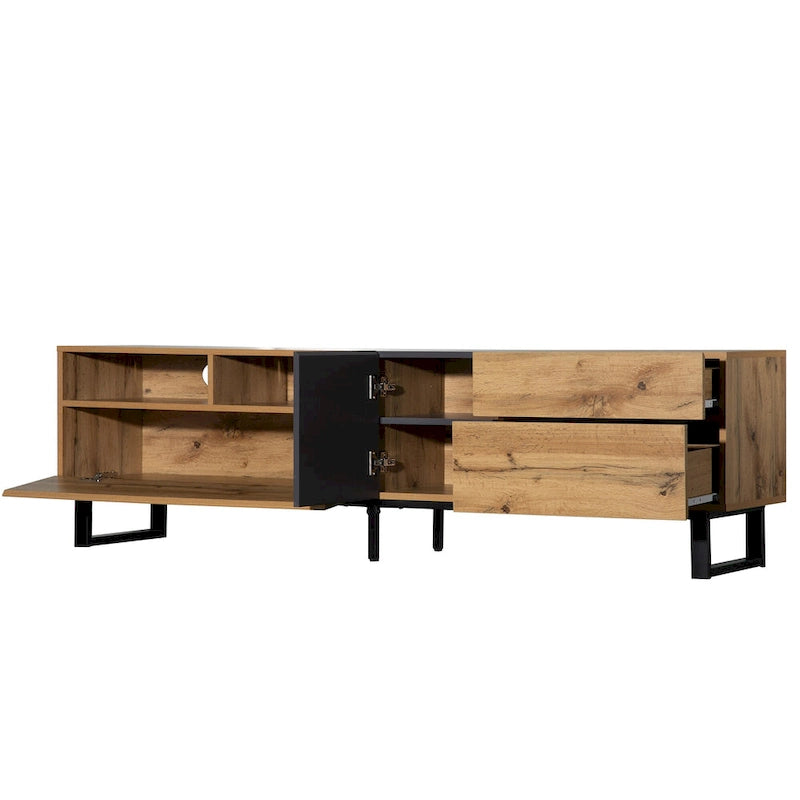Wood+Grey 70.9 TV Stand with Storage and Drop Down Door for TVs Up to 80