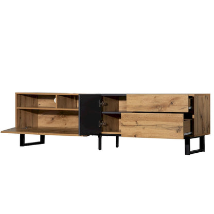 Wood+Grey 70.9 TV Stand with Storage and Drop Down Door for TVs Up to 80