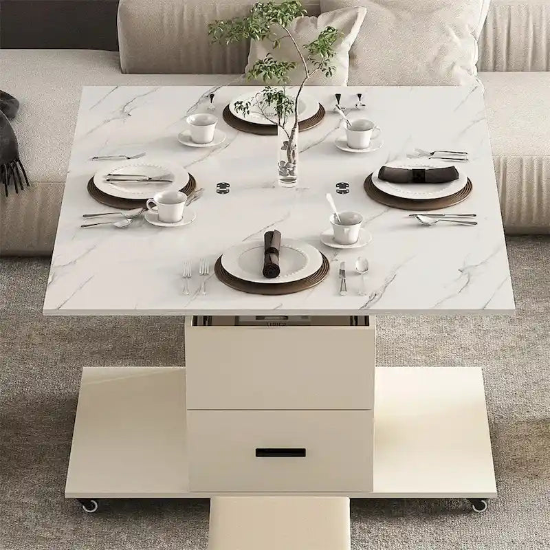 Modern Lift-Up Coffee Table with 4 Stools and 2 Drawers