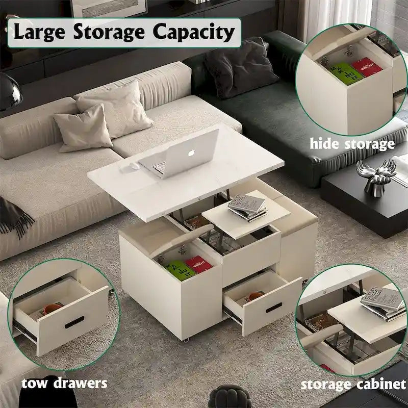Modern Lift-Up Coffee Table with 4 Stools and 2 Drawers