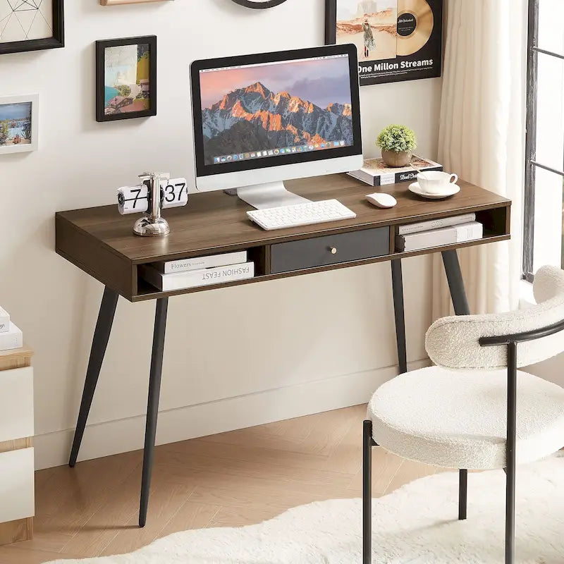 Mid Century Writing Study Desk with Built In USB and Power Outlet and 2 Storage Spaces for Home Office and Study or Bedroom