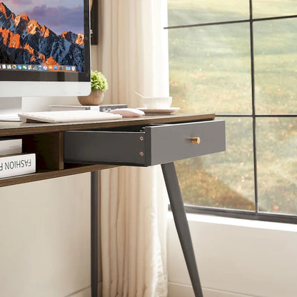 Mid Century Writing Study Desk with Built In USB and Power Outlet and 2 Storage Spaces for Home Office and Study or Bedroom