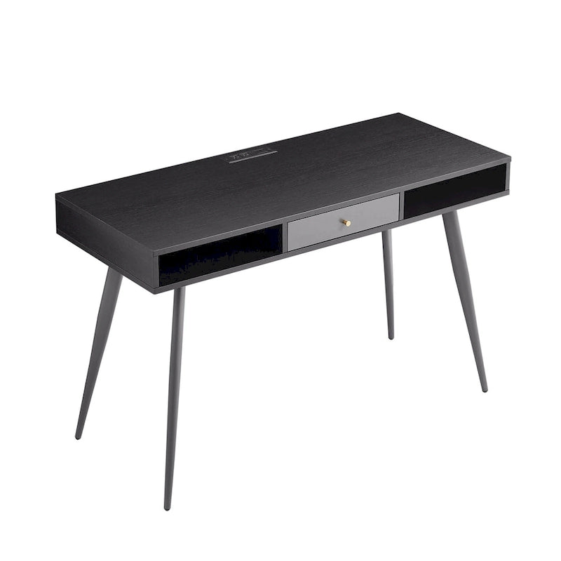 Mid Century Writing Study Desk with Built In USB and Power Outlet and 2 Storage Spaces for Home Office and Study or Bedroom