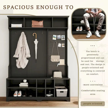 Modern Style Coat Rack with Shoe Bench, Shoe Storage, Storage Shelves and Pegboard, for Entrance and Hallway, Living Room