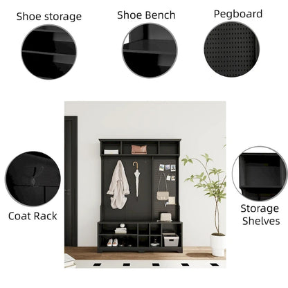 Modern Style Coat Rack with Shoe Bench, Shoe Storage, Storage Shelves and Pegboard, for Entrance and Hallway, Living Room
