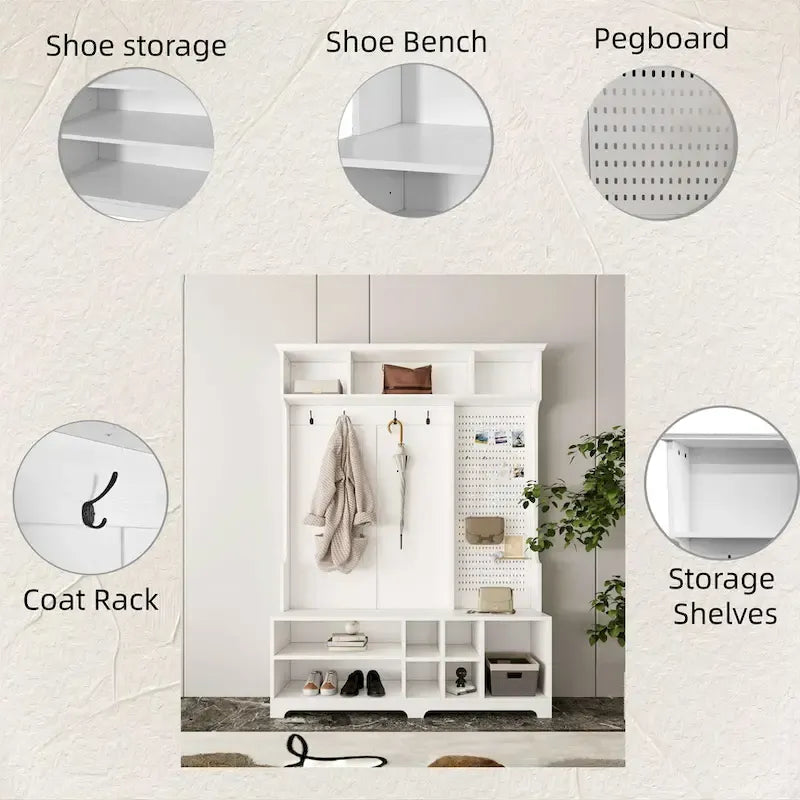 Modern Style Coat Rack with Shoe Bench, Shoe Storage, Storage Shelves and Pegboard, for Entrance and Hallway, Living Room
