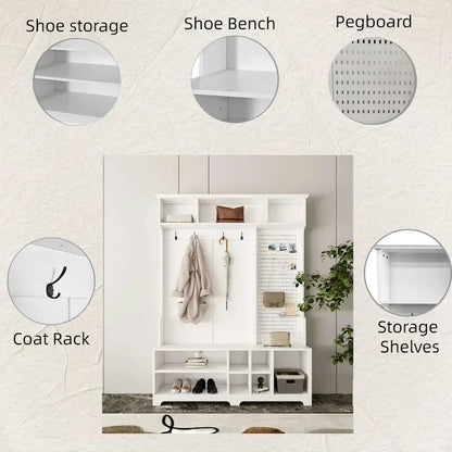 Modern Style Coat Rack with Shoe Bench, Shoe Storage, Storage Shelves and Pegboard, for Entrance and Hallway, Living Room