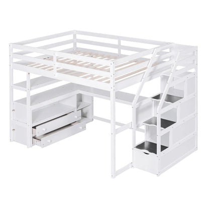 Full Size Loft Bed w/Desk,Shelves,Built-inDrawers,Storage Staircase