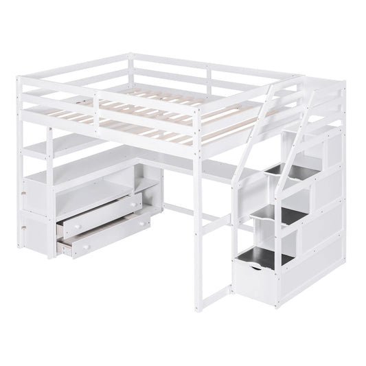 Full Size Loft Bed w/Desk,Shelves,Built-inDrawers,Storage Staircase