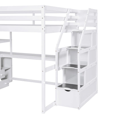 Full Size Loft Bed w/Desk,Shelves,Built-inDrawers,Storage Staircase
