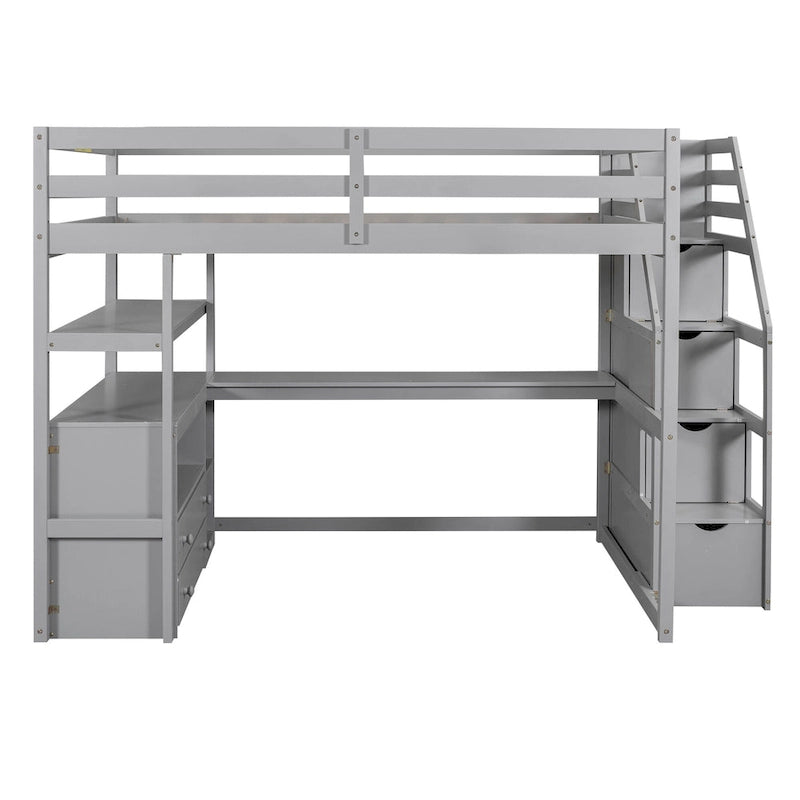 Full Size Loft Bed w/Desk,Shelves,Built-inDrawers,Storage Staircase