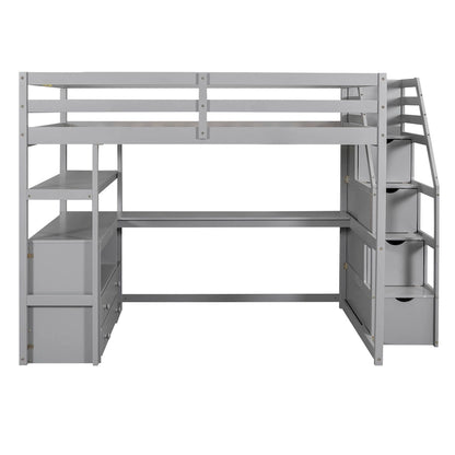 Full Size Loft Bed w/Desk,Shelves,Built-inDrawers,Storage Staircase