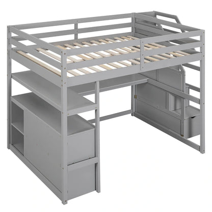 Full Size Loft Bed w/Desk,Shelves,Built-inDrawers,Storage Staircase