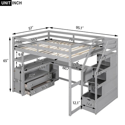 Full Size Loft Bed w/Desk,Shelves,Built-inDrawers,Storage Staircase