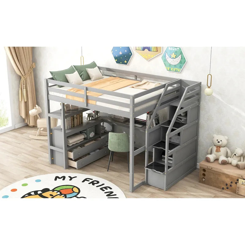 Full Size Loft Bed w/Desk,Shelves,Built-inDrawers,Storage Staircase