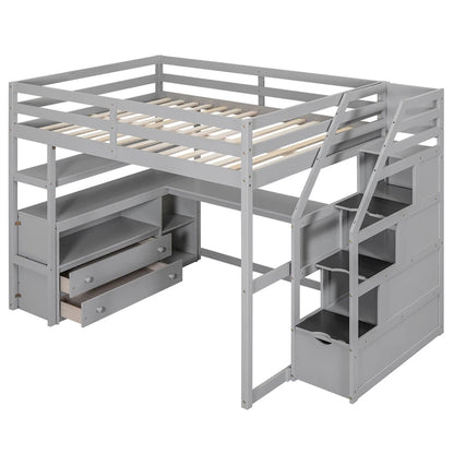 Full Size Loft Bed w/Desk,Shelves,Built-inDrawers,Storage Staircase