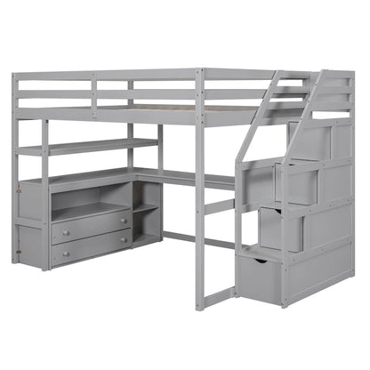Full Size Loft Bed w/Desk,Shelves,Built-inDrawers,Storage Staircase