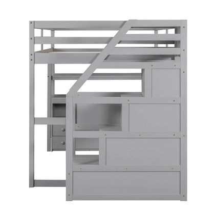 Full Size Loft Bed w/Desk,Shelves,Built-inDrawers,Storage Staircase