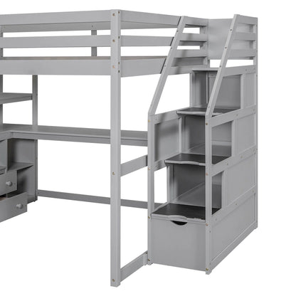 Full Size Loft Bed w/Desk,Shelves,Built-inDrawers,Storage Staircase