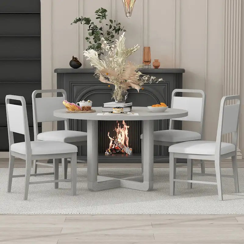 5-Piece Round Dining Table Set Vintage Wood Dining Table and Chair Set with Radial Wood Grain Top for Dining Room Kitchen