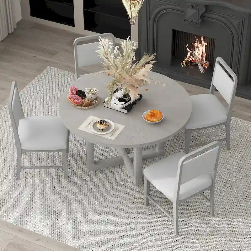 5-Piece Round Dining Table Set Vintage Wood Dining Table and Chair Set with Radial Wood Grain Top for Dining Room Kitchen